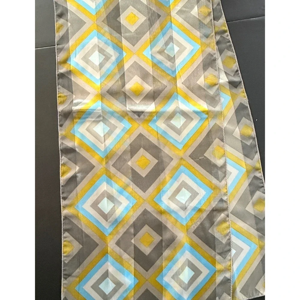 Vintage Geometric and‎ Floral Silk Scarf Set Blue Yellow Grey Rectangular